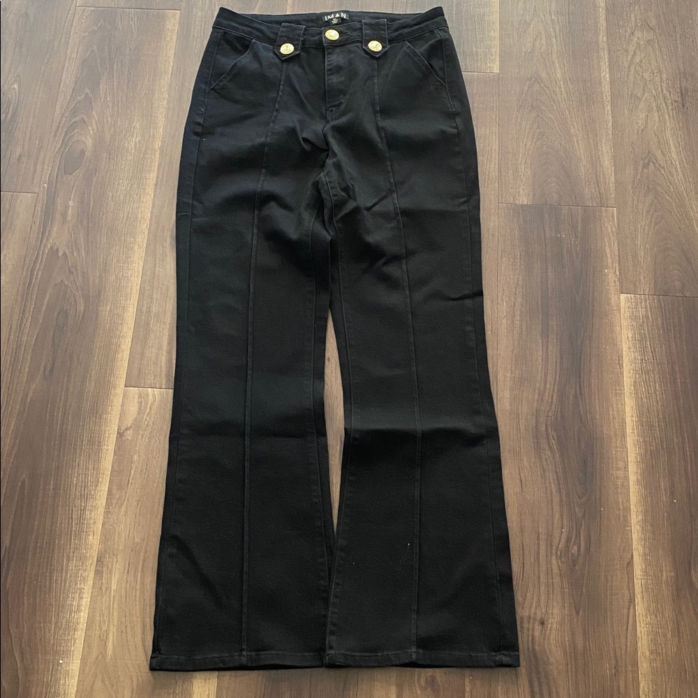 IMAN GLOBAL CHIC PINTUCK Black Trousers with Gold Details